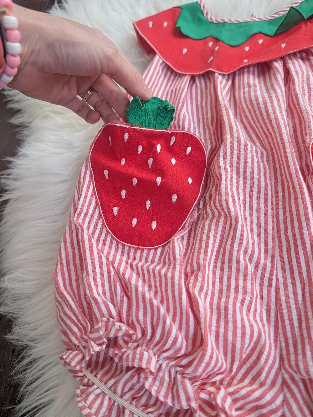 Vintage 90s 1990s Red Strawberry Appliqué Striped One-Piece Romper 4T